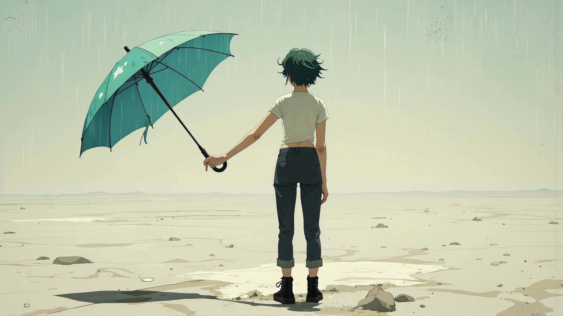 AI generated wallpaper featuring person, umbrella, beach, rain, rocks, shoes, jeans, t-shirt