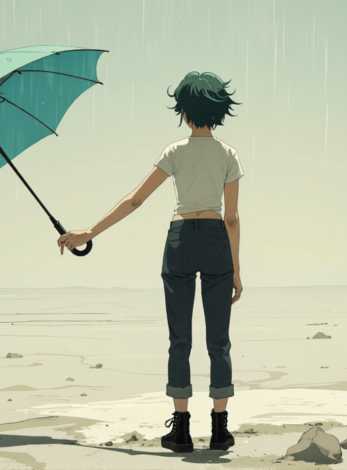 person, umbrella, beach, rain, rocks, shoes, jeans, t-shirt