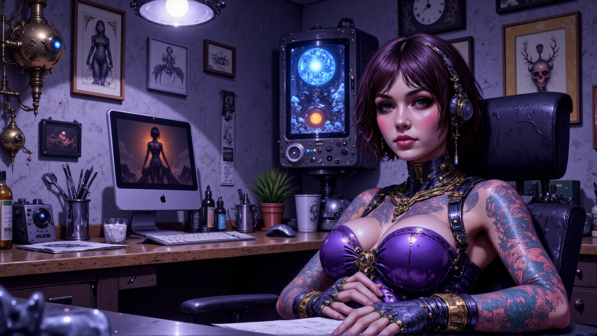 AI generated wallpaper featuring woman, tattoo, headphones, desk, computer, screen, clock, plant, bottle, paintbrush