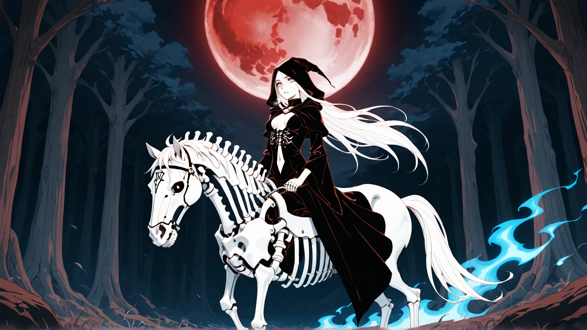 AI generated wallpaper featuring witch, skeleton horse, forest, red moon, blue flame