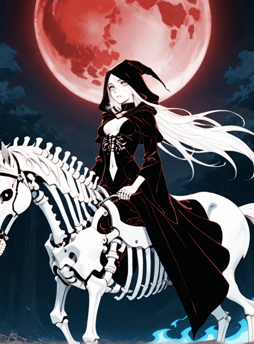 witch, skeleton horse, forest, red moon, blue flame