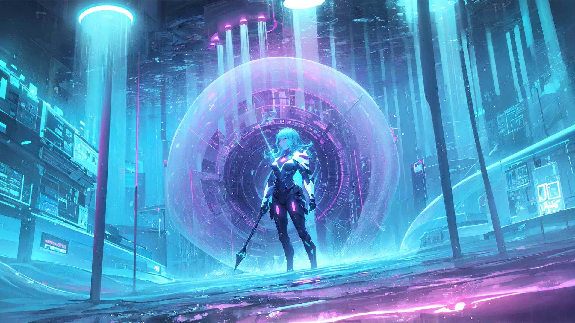 AI generated wallpaper featuring cyberpunk, female, character, spear, glasses, city, bubble, structure, neon, tower