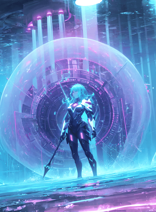 cyberpunk, female, character, spear, glasses, city, bubble, structure, neon, tower