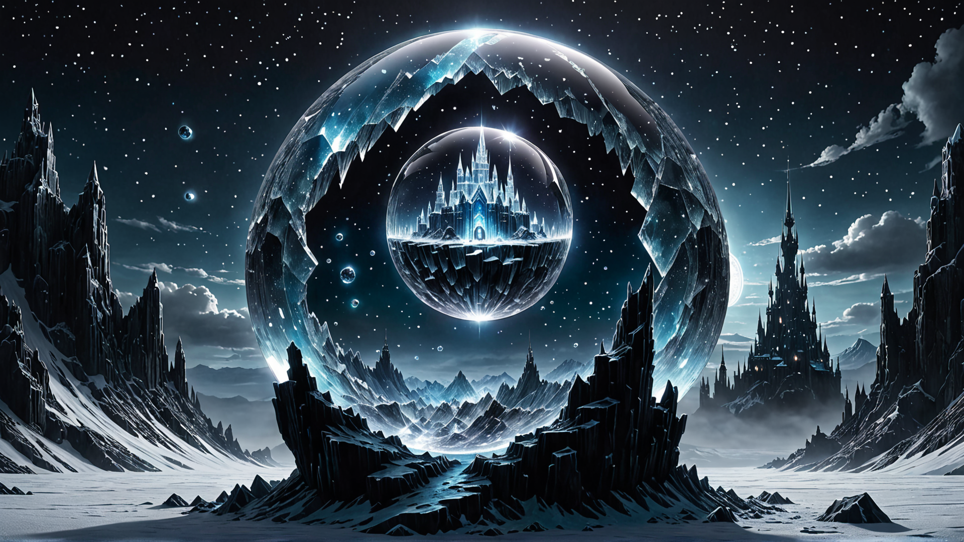 AI generated wallpaper featuring castle, sphere, mountain