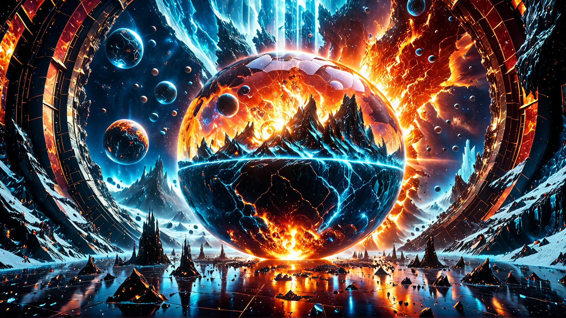 AI generated wallpaper featuring planet, mountains, spheres, crystals, galaxy, aurora, caves, lava, ice, water