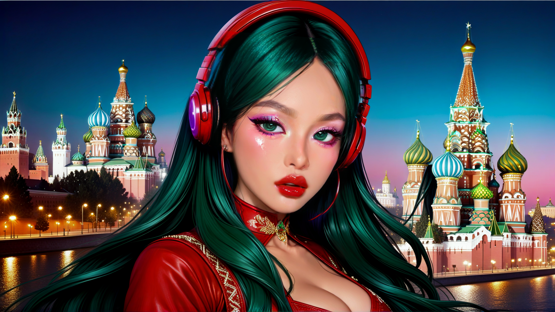 AI generated wallpaper featuring woman, headphones, buildings