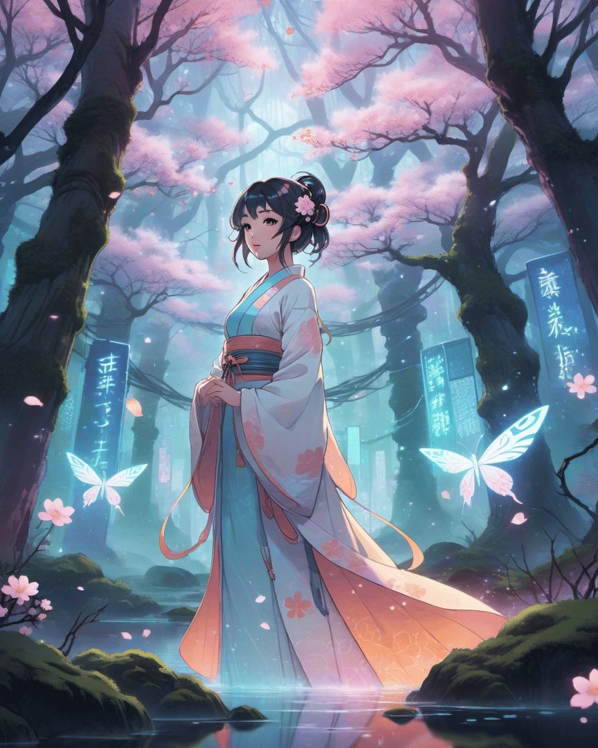 AI generated wallpaper featuring woman, butterfly, cherry tree