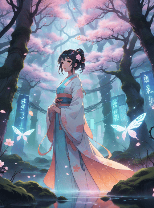 woman, butterfly, cherry tree