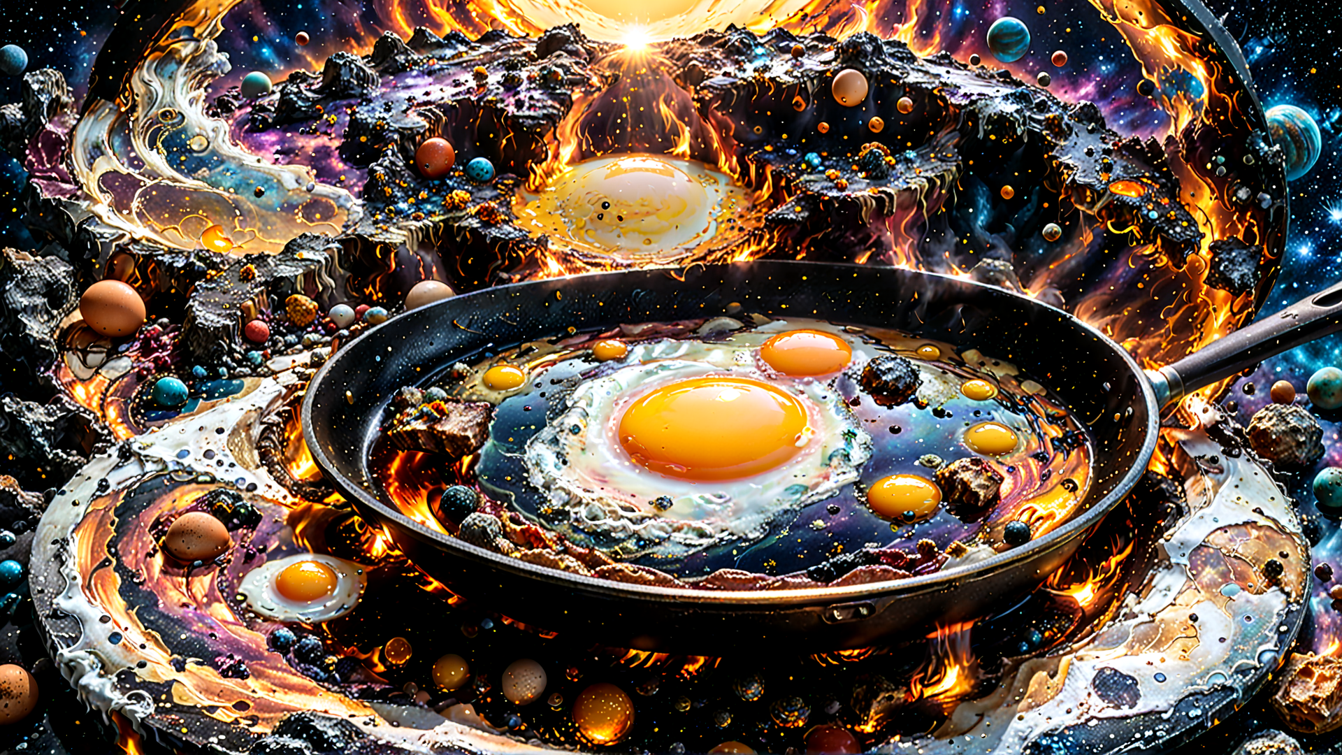 AI generated wallpaper featuring egg, universe, pan