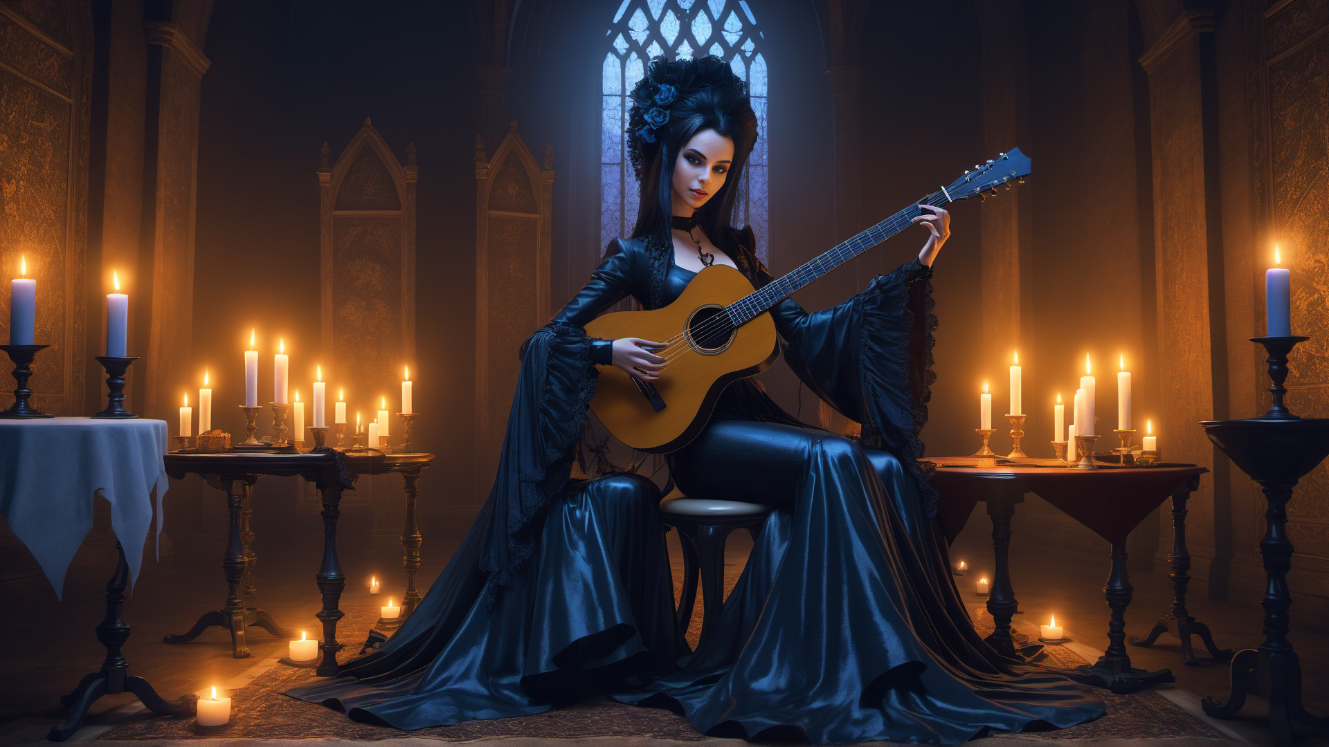 AI generated wallpaper featuring woman, guitar, candle