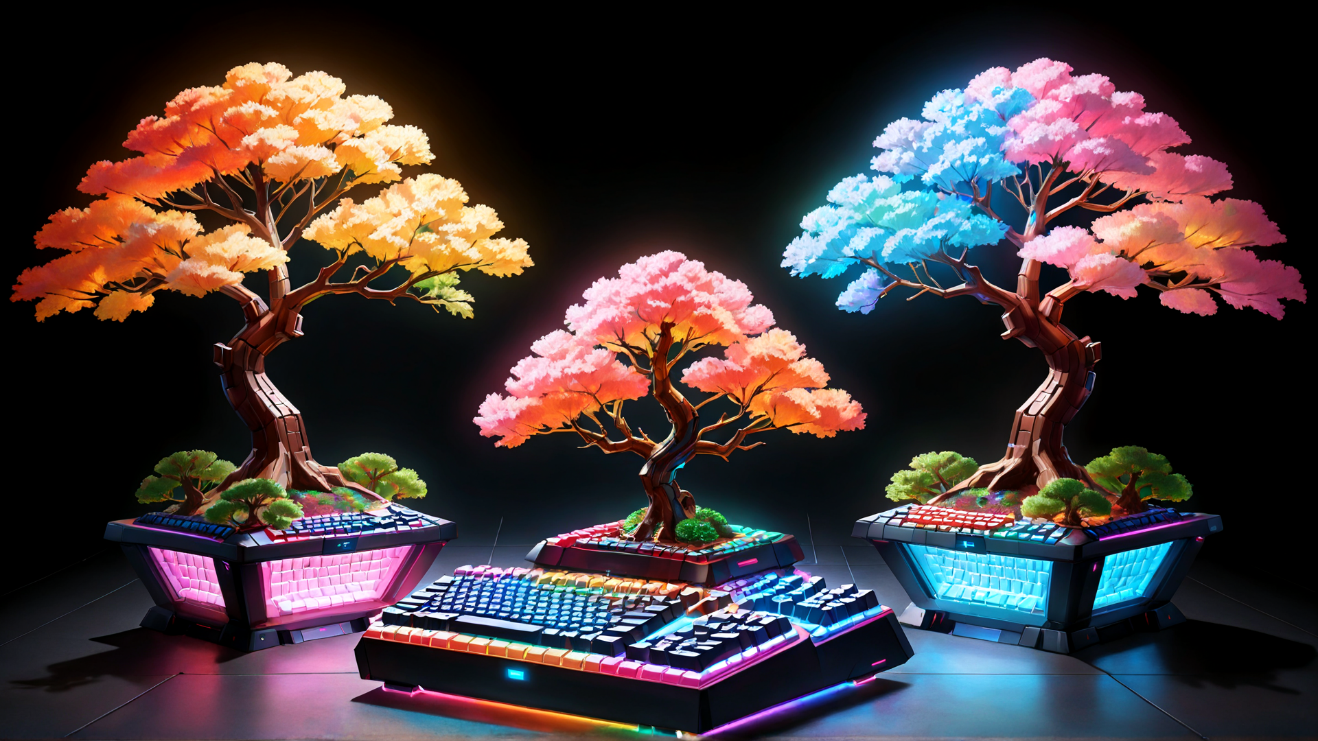 AI generated wallpaper featuring tree, keyboard, bonsai, plant