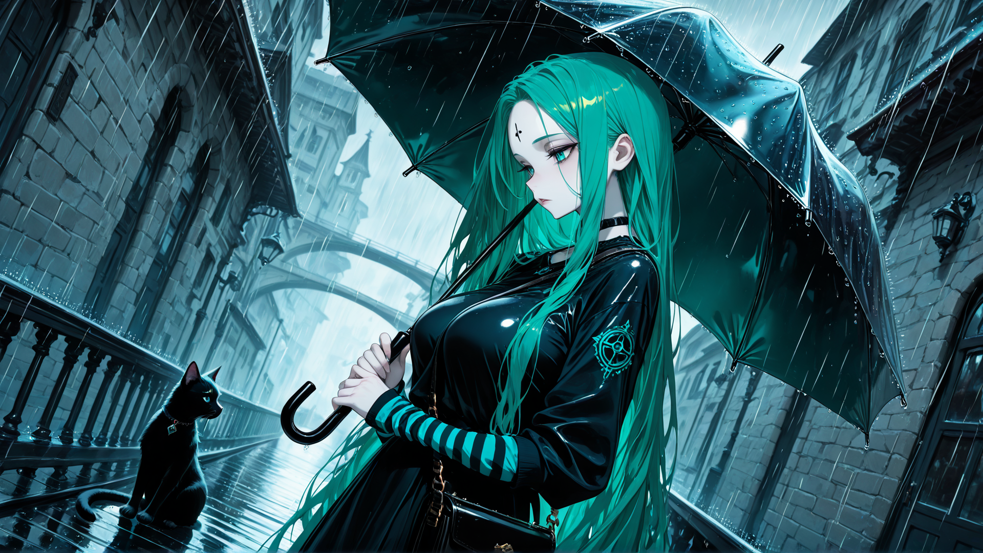 AI generated wallpaper featuring girl, cat, umbrella, rain, building