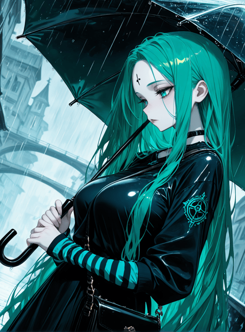 girl, cat, umbrella, rain, building