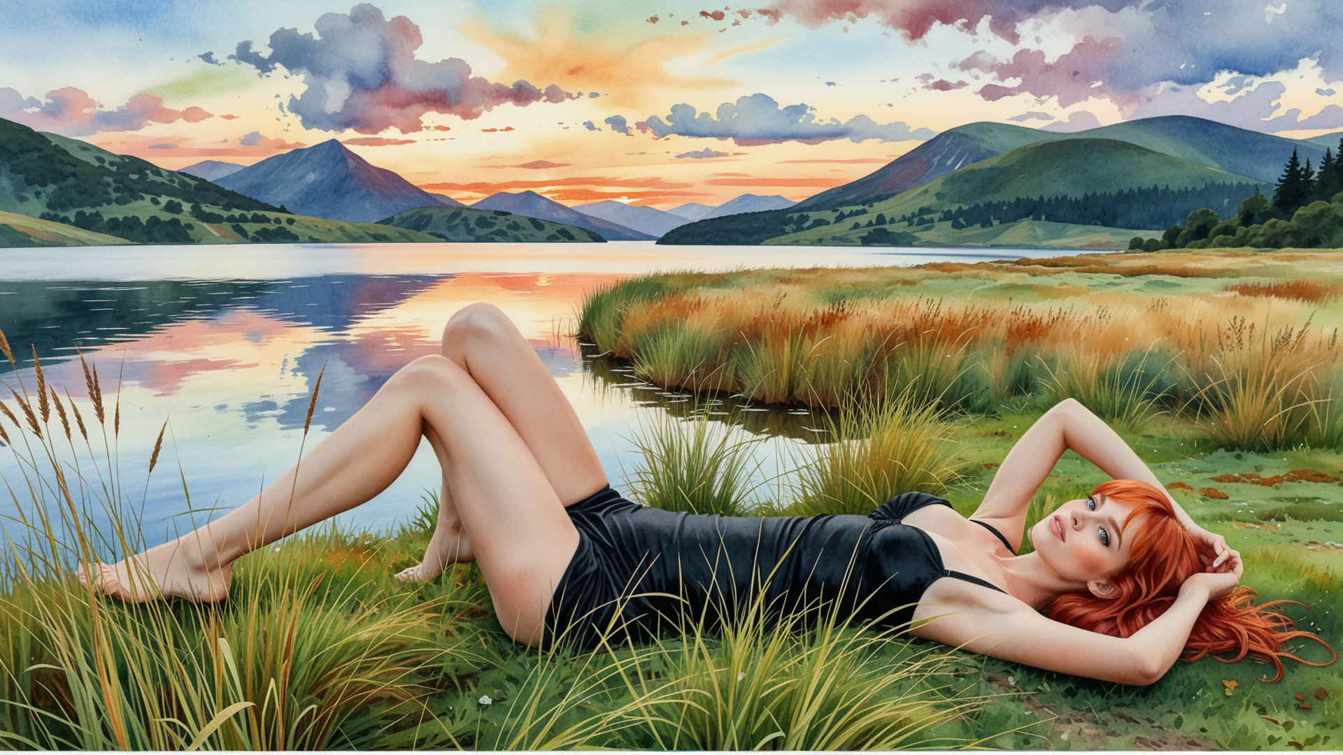 AI generated wallpaper featuring woman, lake, mountains, grass, sunset, sky, clouds, water, field, sun