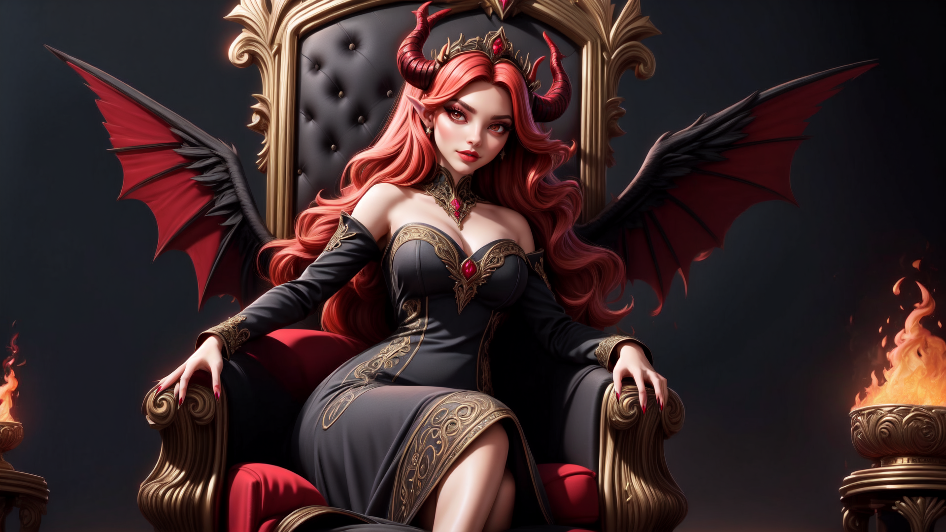 AI generated wallpaper featuring devil, queen, angel, wing, chair, fire, crown, dress, horn, scepter