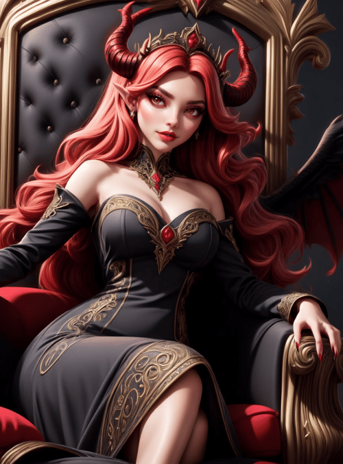 devil, queen, angel, wing, chair, fire, crown, dress, horn, scepter