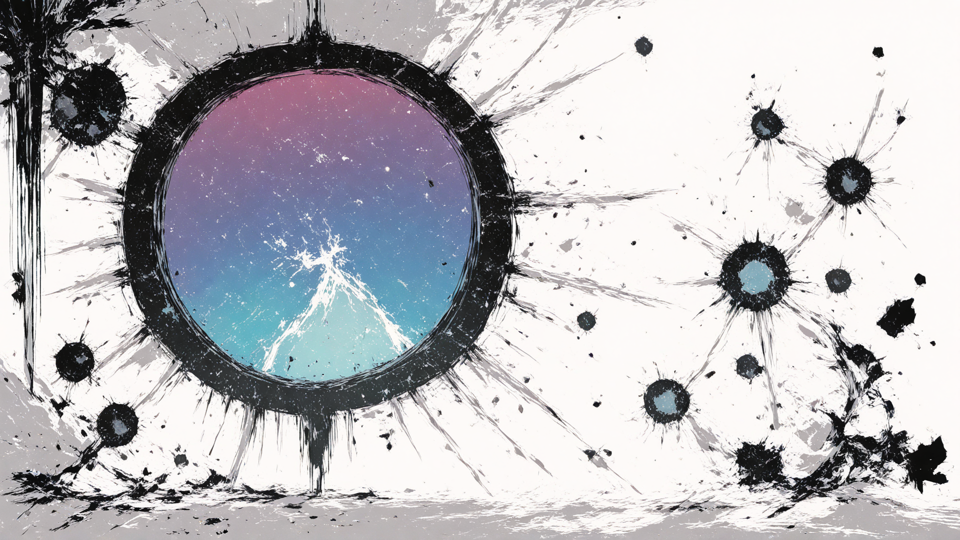 AI generated wallpaper featuring circle, mountain, star, splatter, dot, splotch, ink, background, abstract, paint