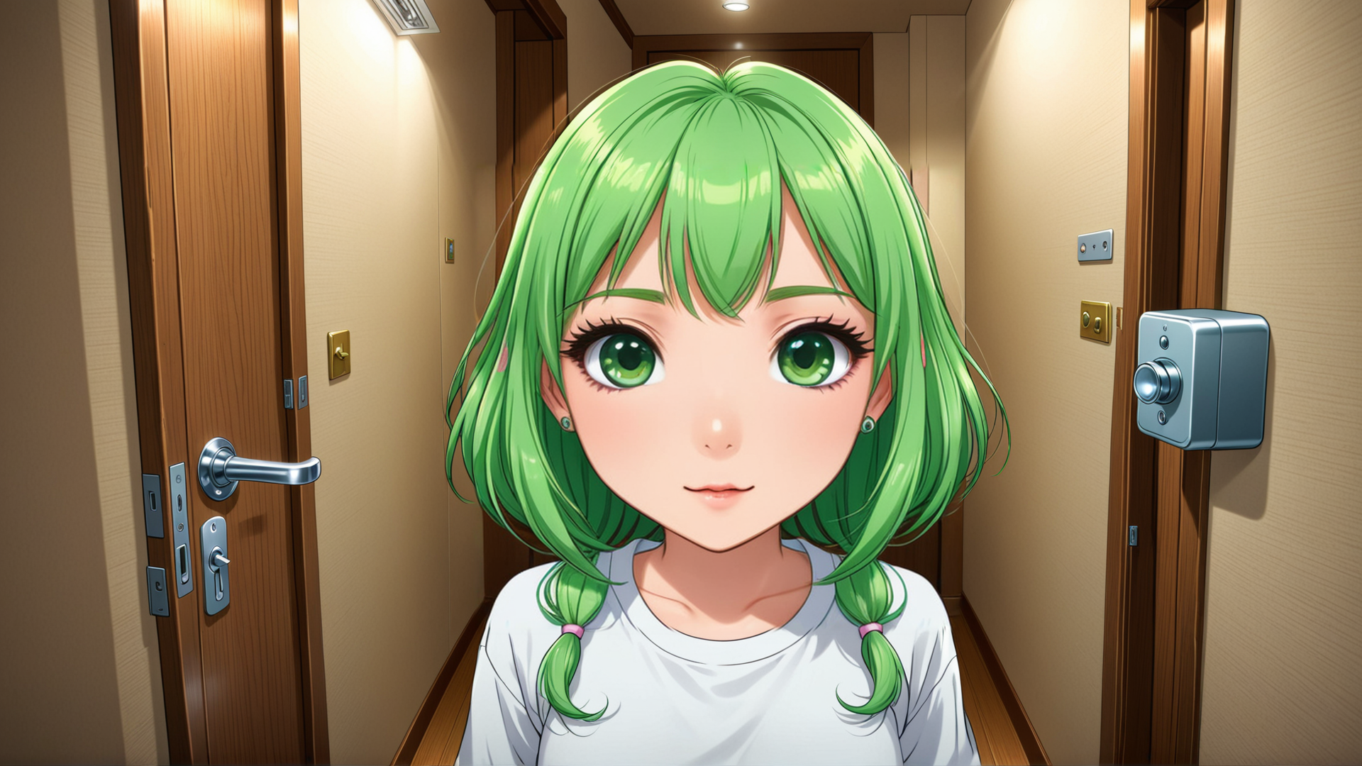 AI generated wallpaper featuring girl, anime, corridor