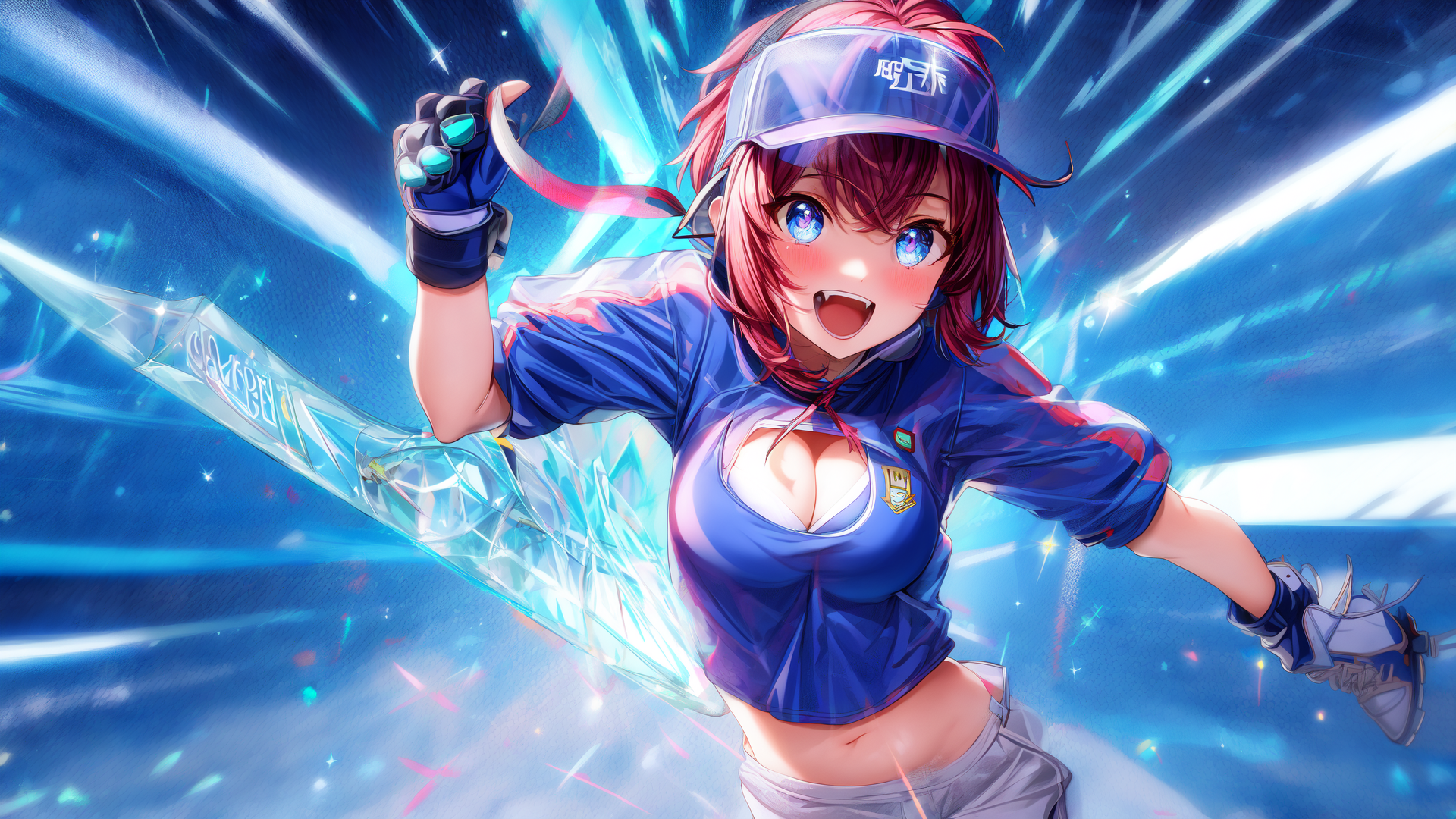 AI generated wallpaper featuring anime girl, sports uniform, gloves, cap, sword