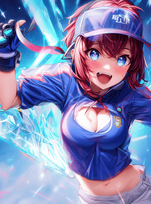 anime girl, sports uniform, gloves, cap, sword