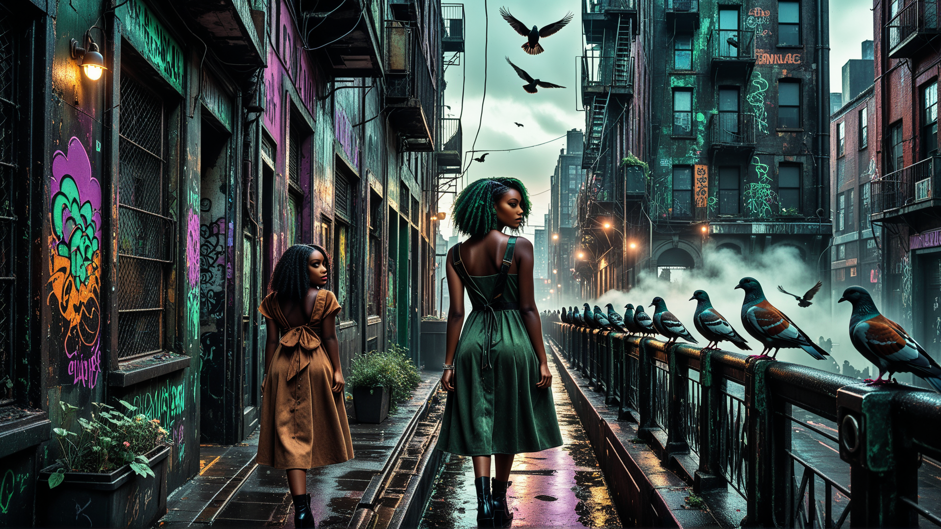 AI generated wallpaper featuring women, pigeons, alley, buildings, graffiti, street, birds, dresses, facades, plants