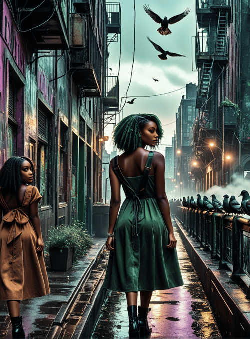 women, pigeons, alley, buildings, graffiti, street, birds, dresses, facades, plants