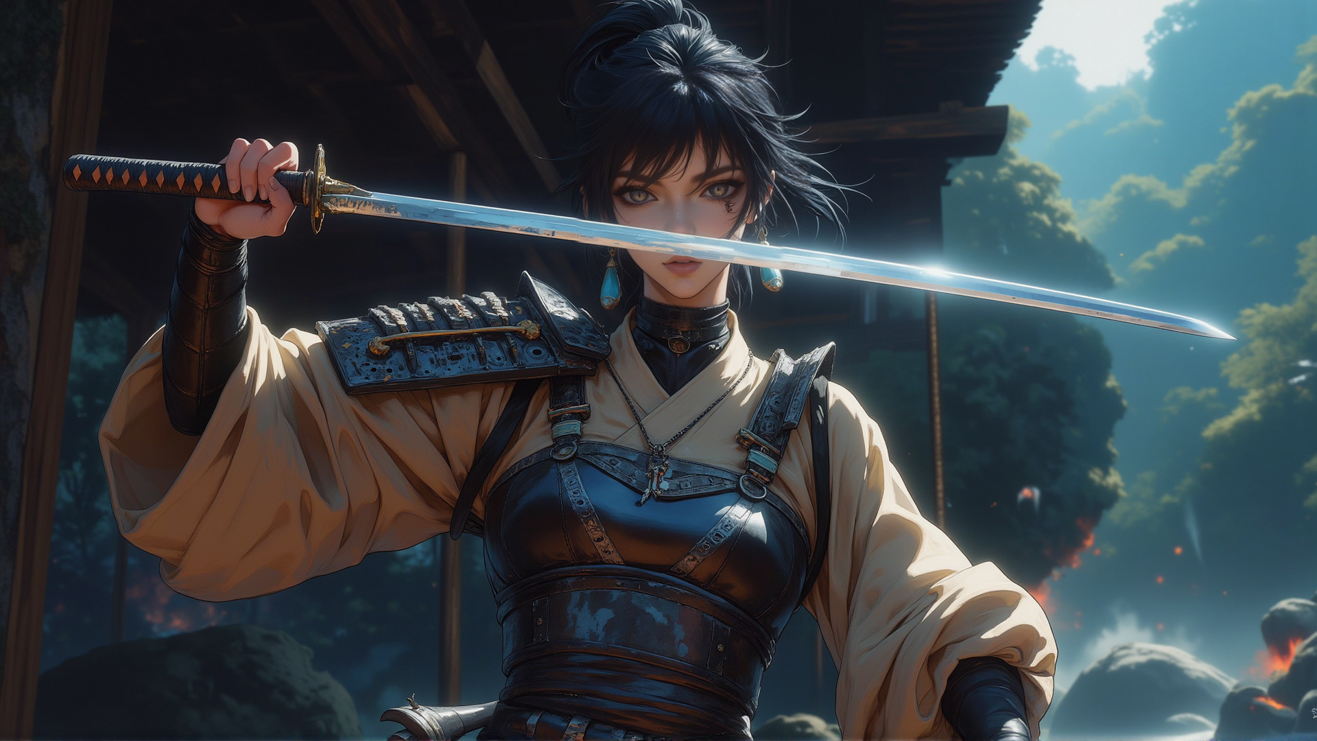 AI generated wallpaper featuring samurai, woman, sword