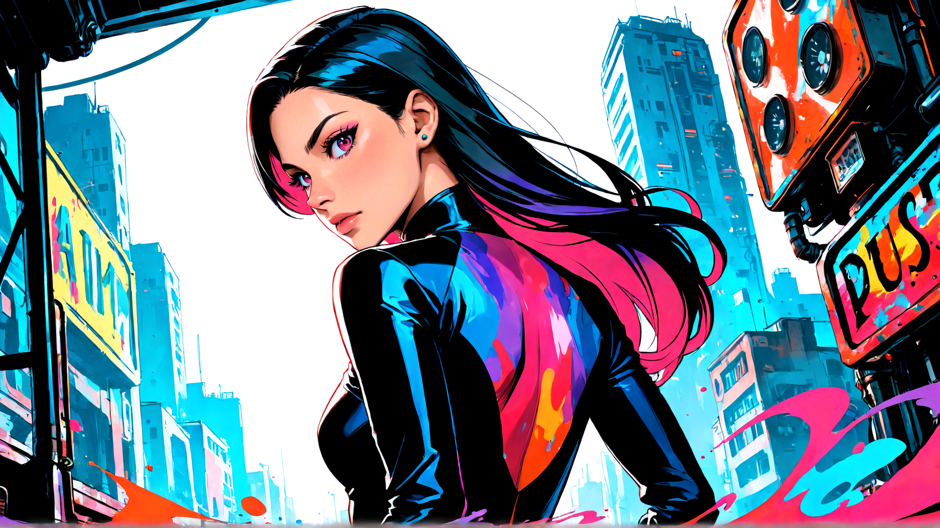 AI generated wallpaper featuring woman, cityscape, neon, street, sign, buildings, hair, outfit, urban, graffiti