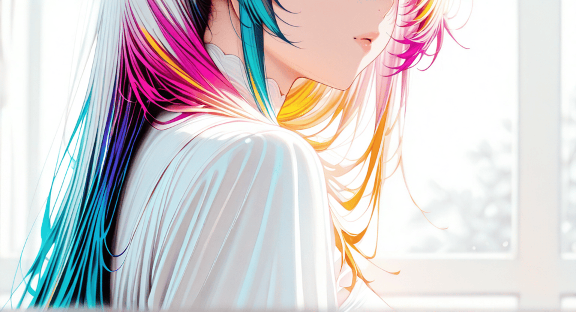 AI generated wallpaper featuring girl, hair, window