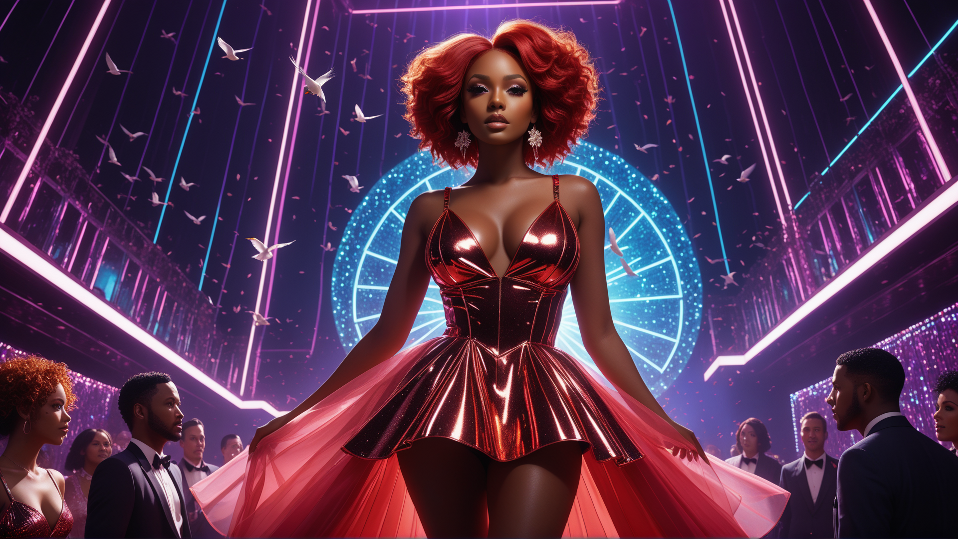AI generated wallpaper featuring woman, dancers, gloves, birds, neon lights, crowd, dress, circle, gowns, suits