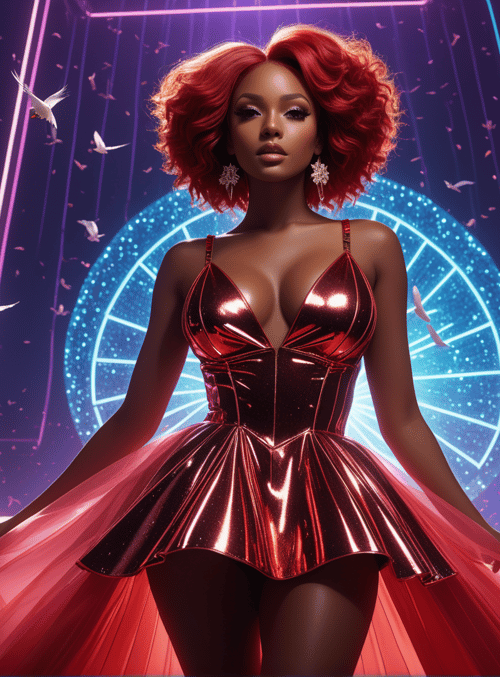 woman, dancers, gloves, birds, neon lights, crowd, dress, circle, gowns, suits
