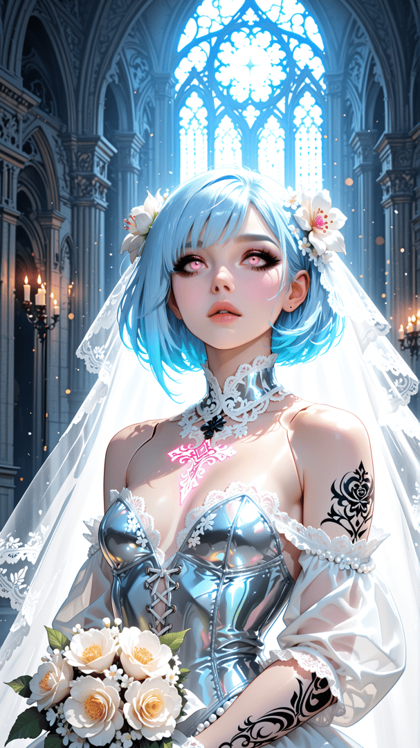 AI generated wallpaper featuring bride, woman, gown, flowers, veil, chapel