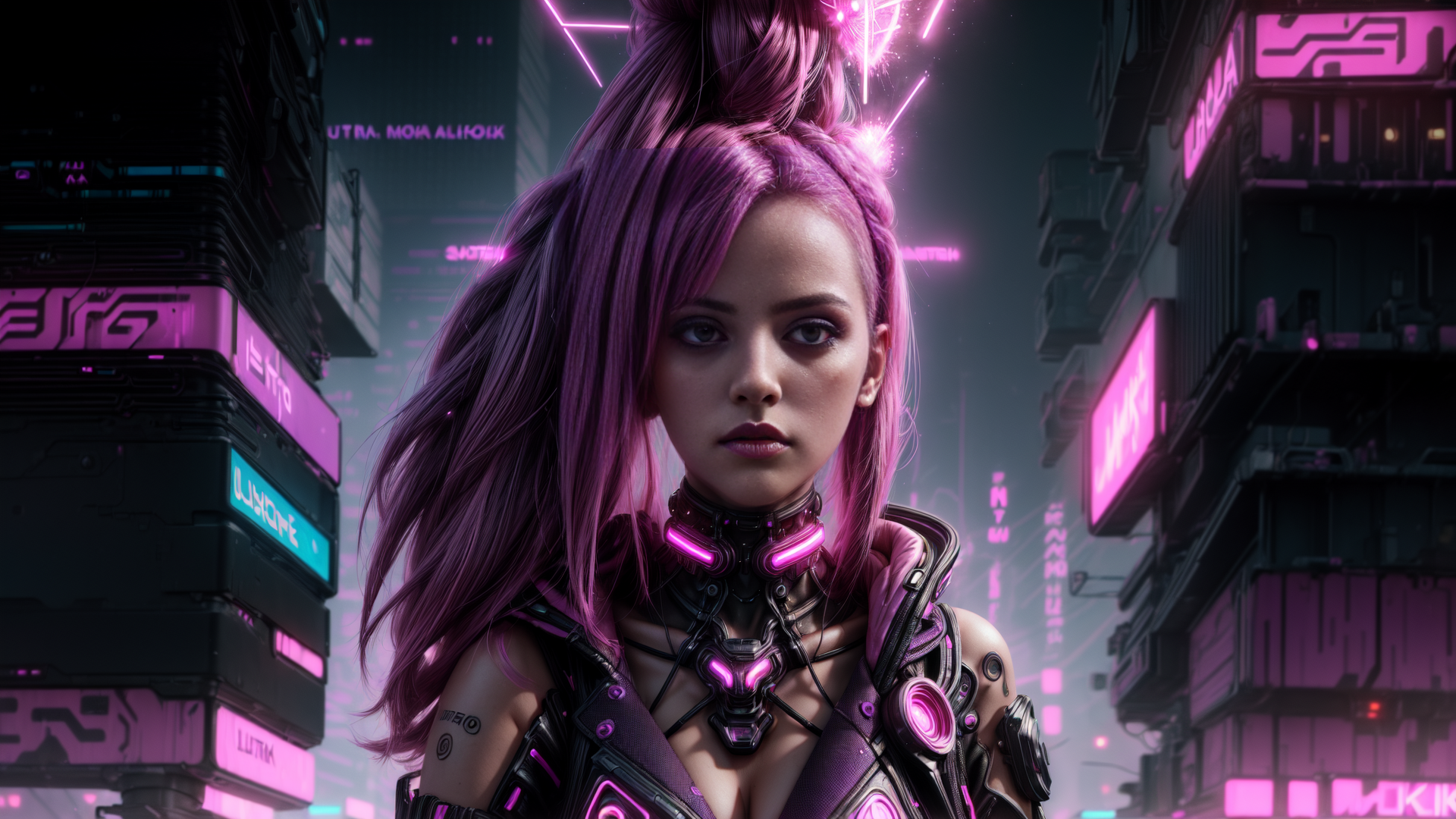 AI generated wallpaper featuring cyborg, woman, neon