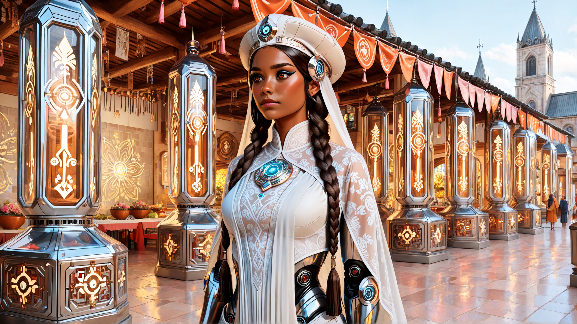 AI generated wallpaper featuring woman, lanterns, braid, armor, cape, hats, building, church, banners, flowers