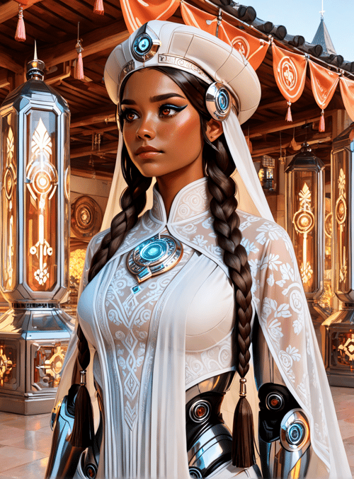 woman, lanterns, braid, armor, cape, hats, building, church, banners, flowers