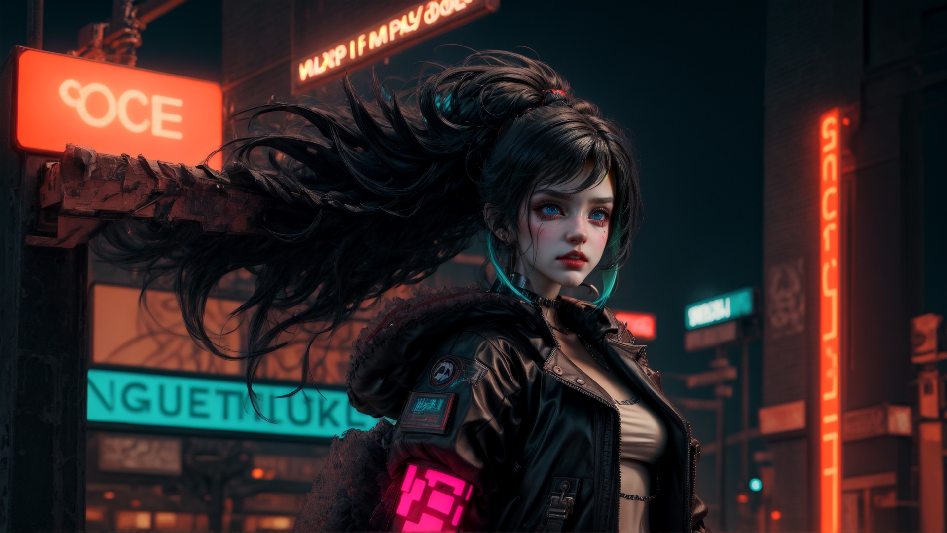 AI generated wallpaper featuring woman, cyberpunk, neon