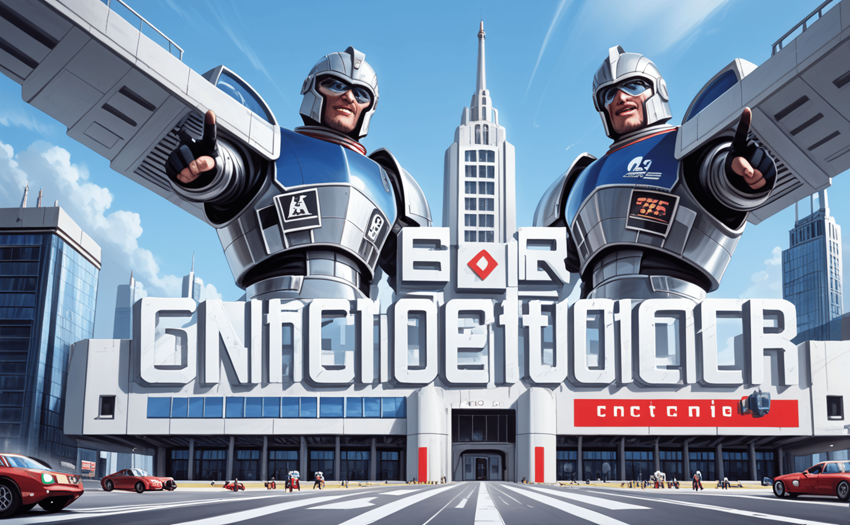 AI generated wallpaper featuring robots, city, buildings, cars, sign, society, characters, technology, street, sky