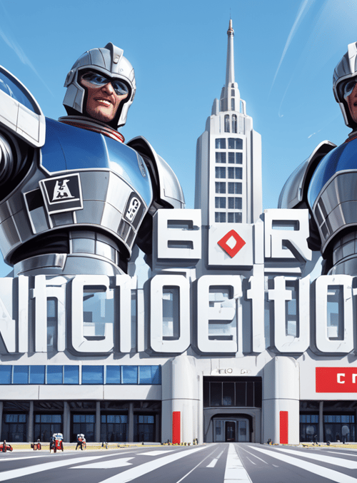 robots, city, buildings, cars, sign, society, characters, technology, street, sky