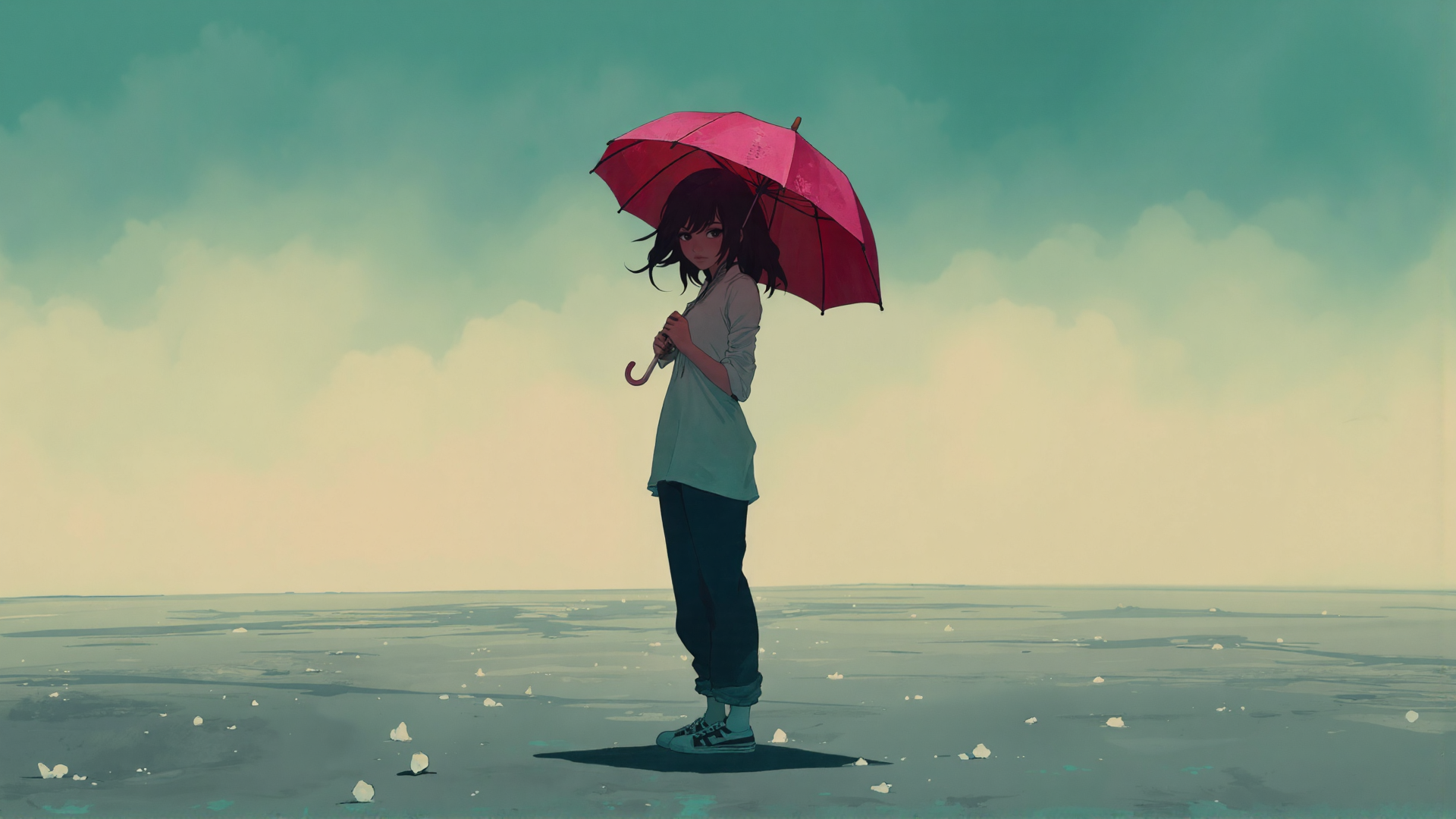 AI generated wallpaper featuring girl, umbrella, beach