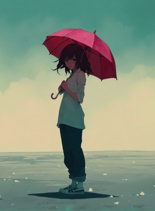 girl, umbrella, beach