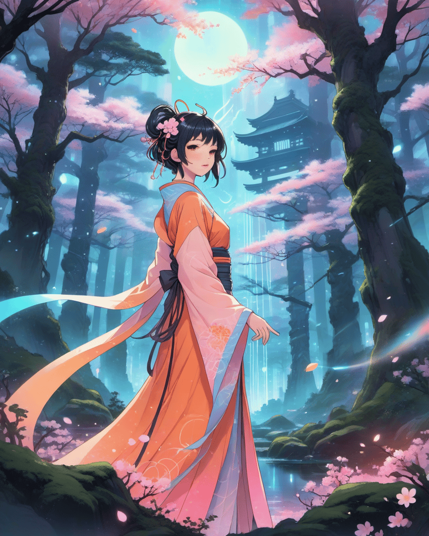AI generated wallpaper featuring woman, cherry blossom, pagoda