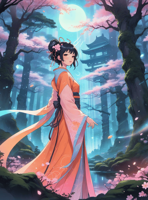 woman, cherry blossom, pagoda