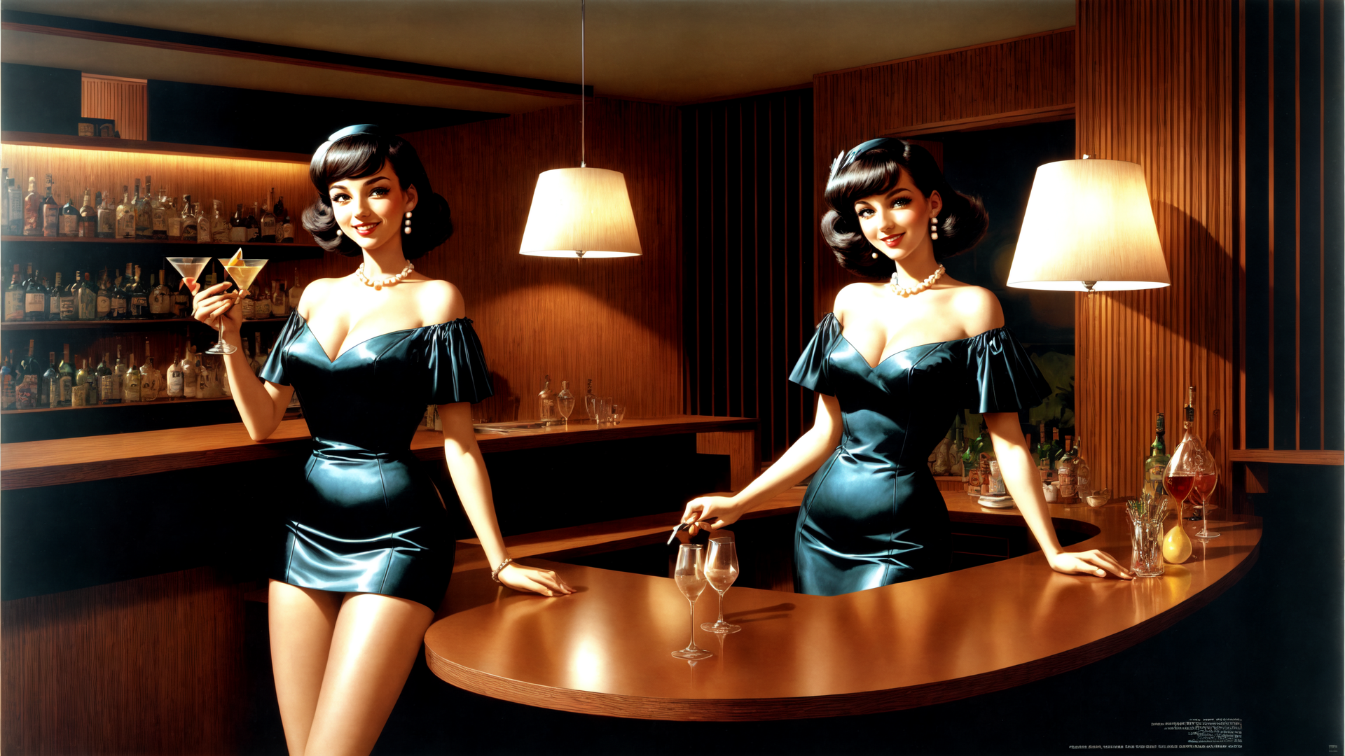 AI generated wallpaper featuring barmaid, cocktail, mirror, bar, dress, wineglass, pearl, lamp, bottle, leather