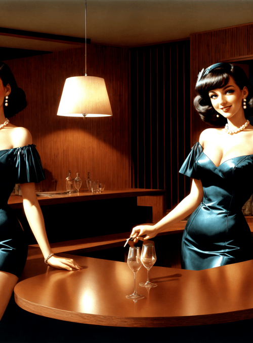 barmaid, cocktail, mirror, bar, dress, wineglass, pearl, lamp, bottle, leather
