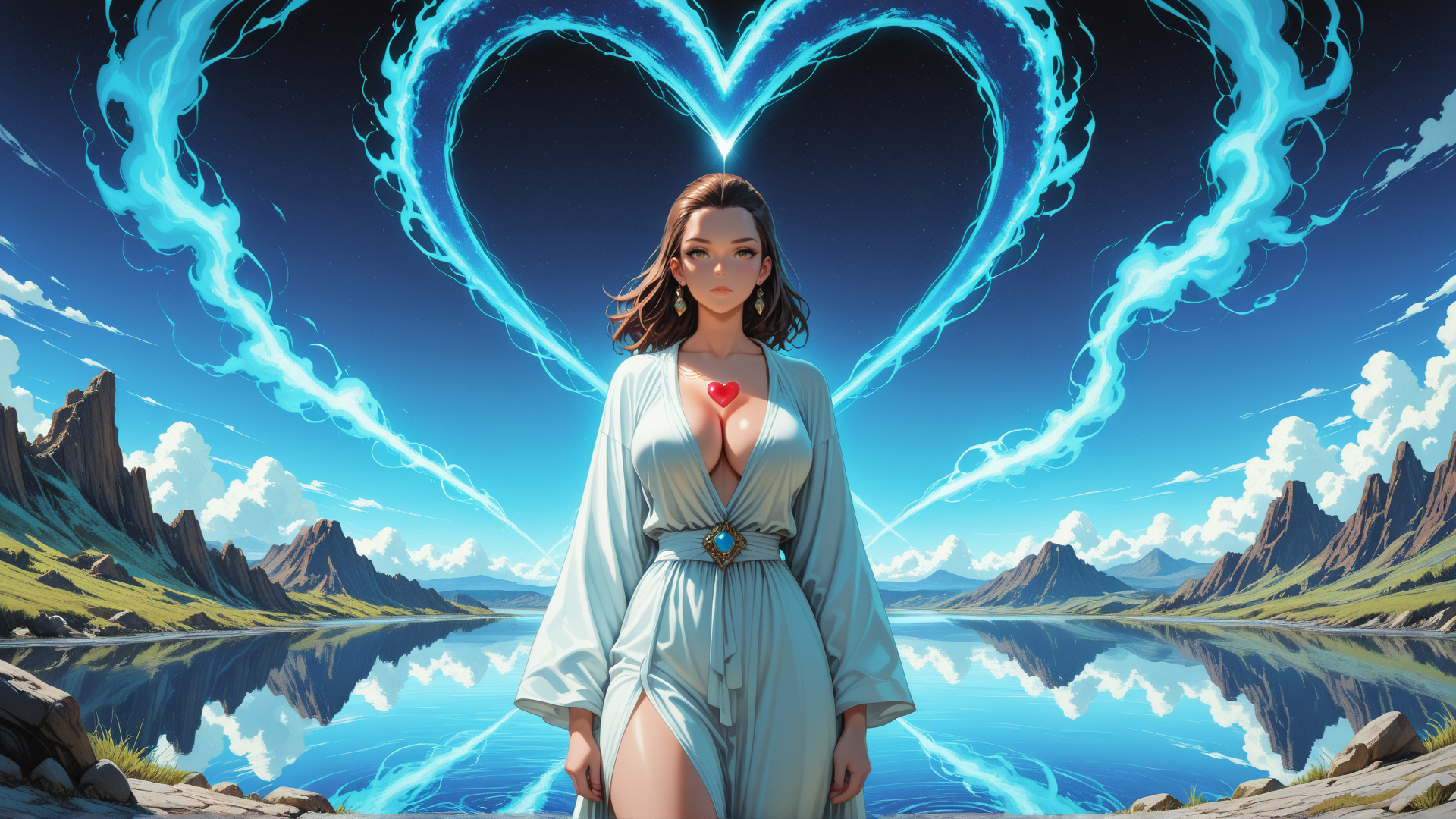 AI generated wallpaper featuring woman, heart, mountains, lake, sky, light, stone, dress, cloud, gem