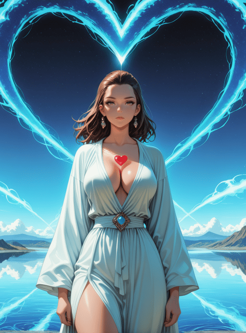 woman, heart, mountains, lake, sky, light, stone, dress, cloud, gem