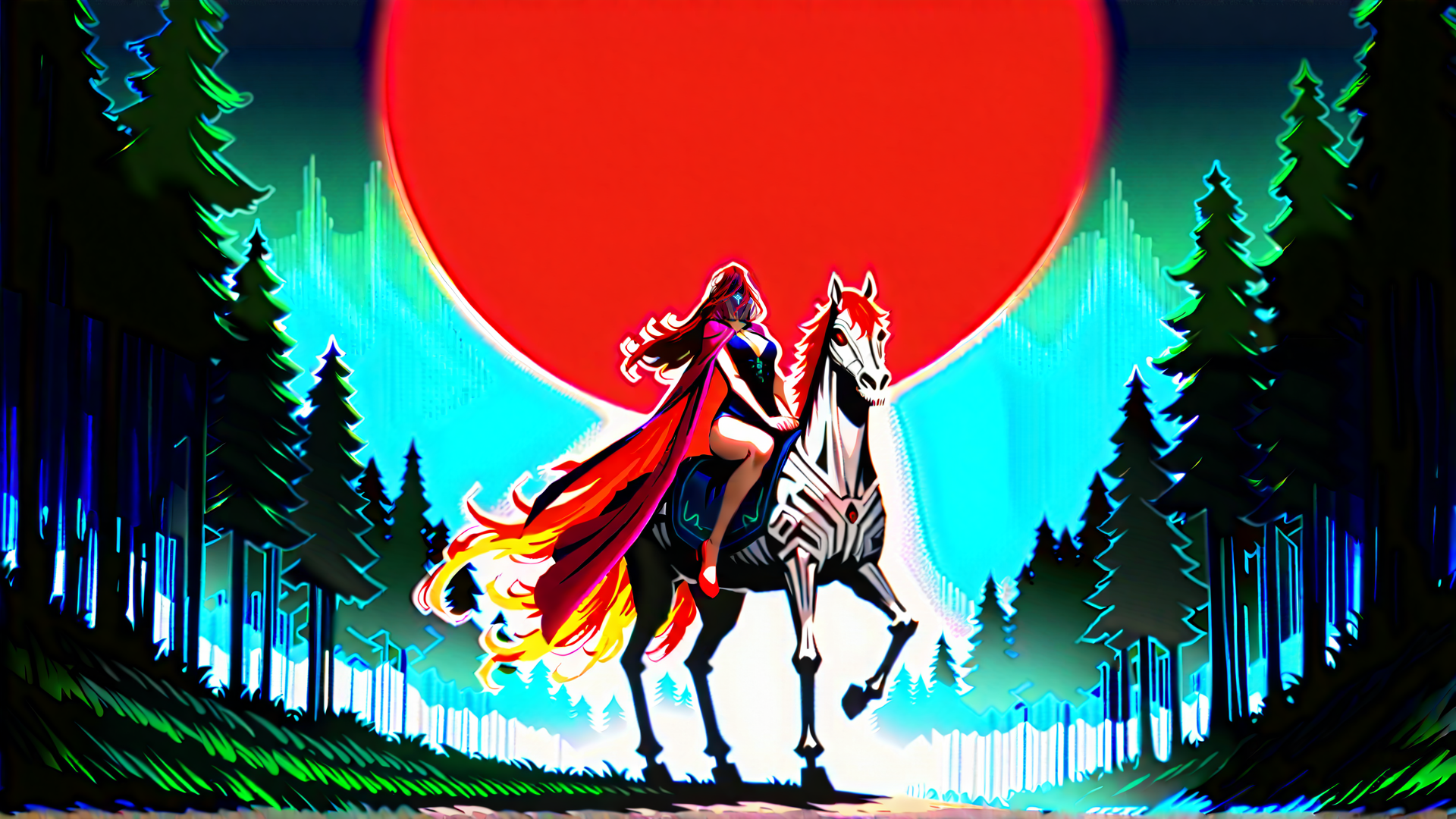 AI generated wallpaper featuring woman, horse, forest, moon, cape