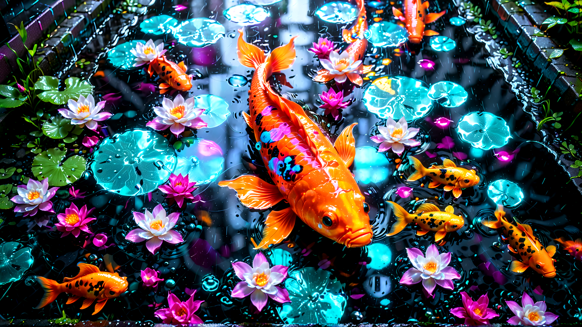 AI generated wallpaper featuring koi fish, lotus flowers, lily pads, pond, water droplets, bubbles, aquatic plants