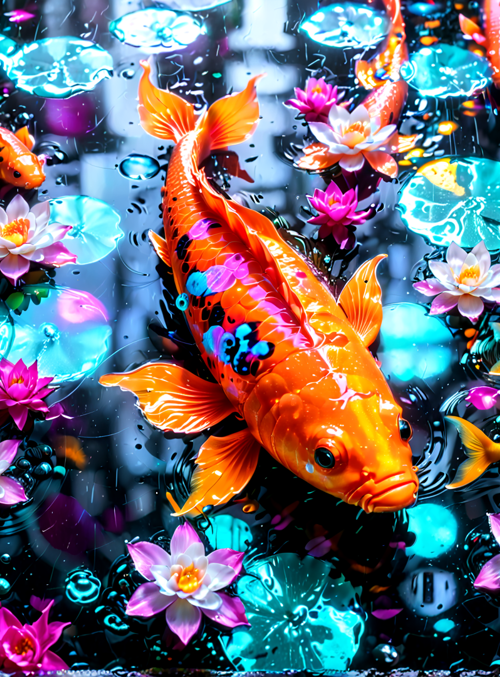 koi fish, lotus flowers, lily pads, pond, water droplets, bubbles, aquatic plants