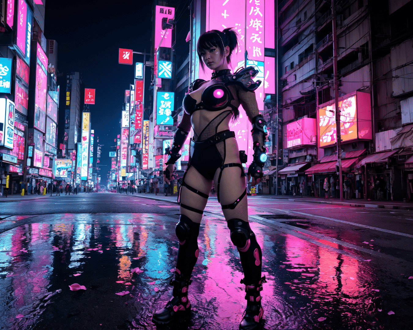 AI generated wallpaper featuring cyborg, woman, neon